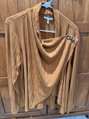 Maurices Draped Button-Shoulder Cardigan in Camel Brown